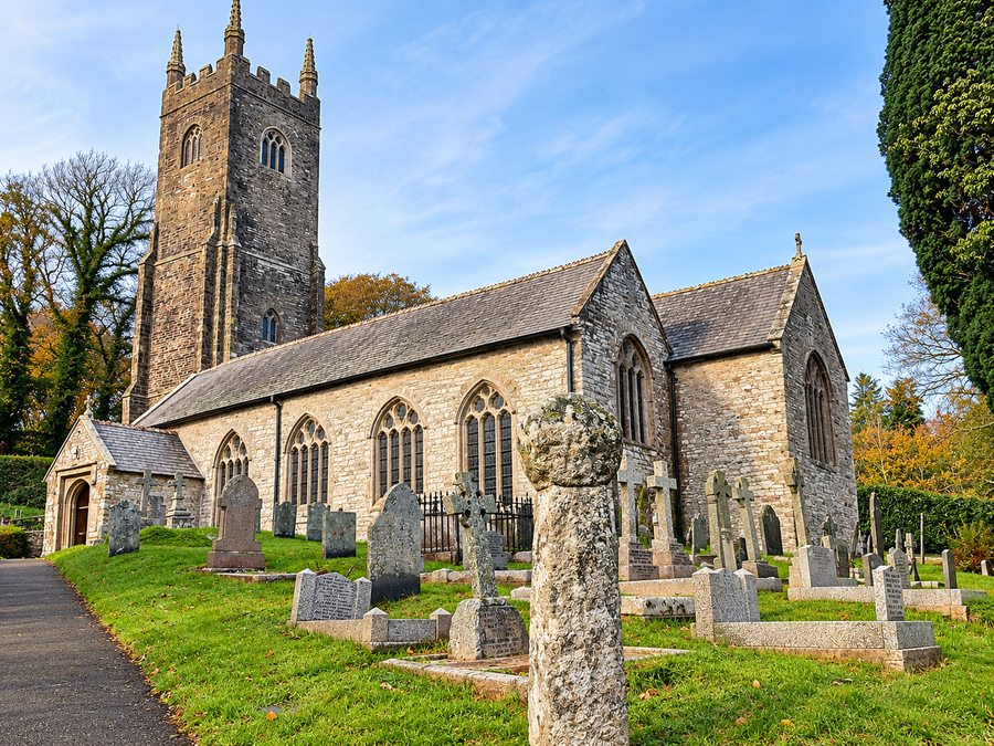 St Nonna’s Church: the tower, nave, porch and churchyard.