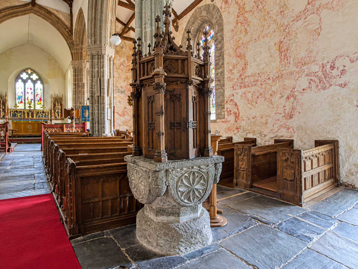 The pulpit and carved fittings at Bratton Clovelly.