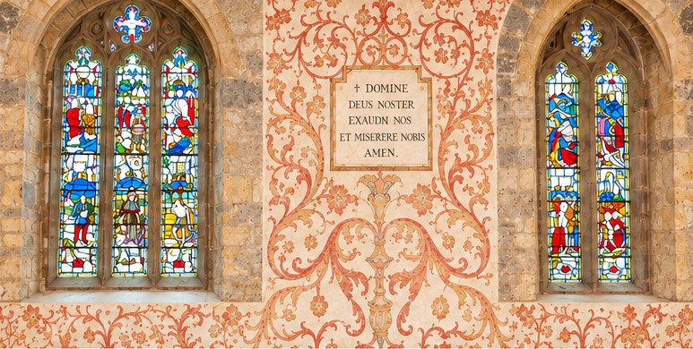 Illustrative digital reconstruction of a fully decorated church wall, based on the surviving motifs at Bratton Clovelly.