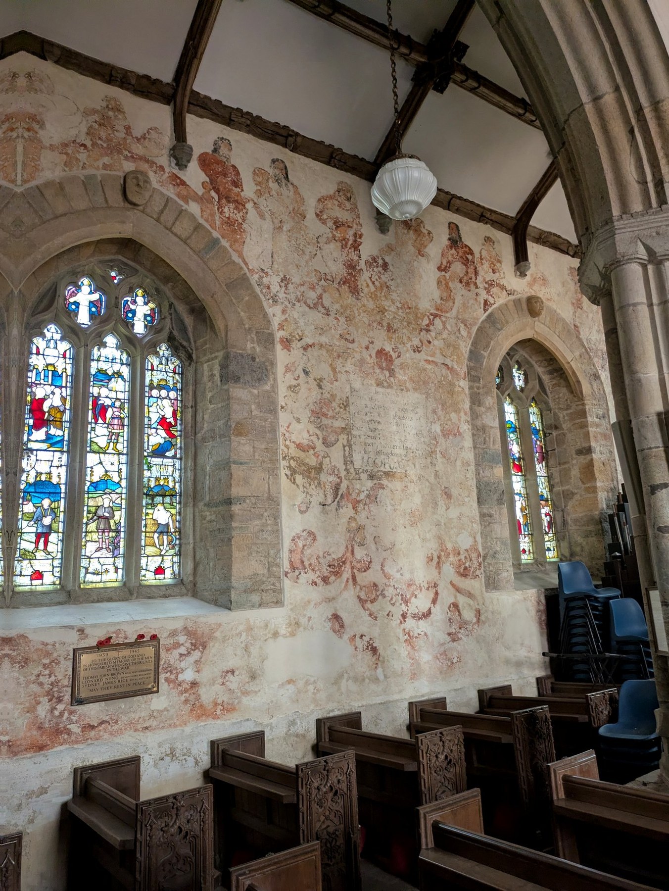 Decorative painting and stained glass in St Mary’s, Bratton Clovelly.