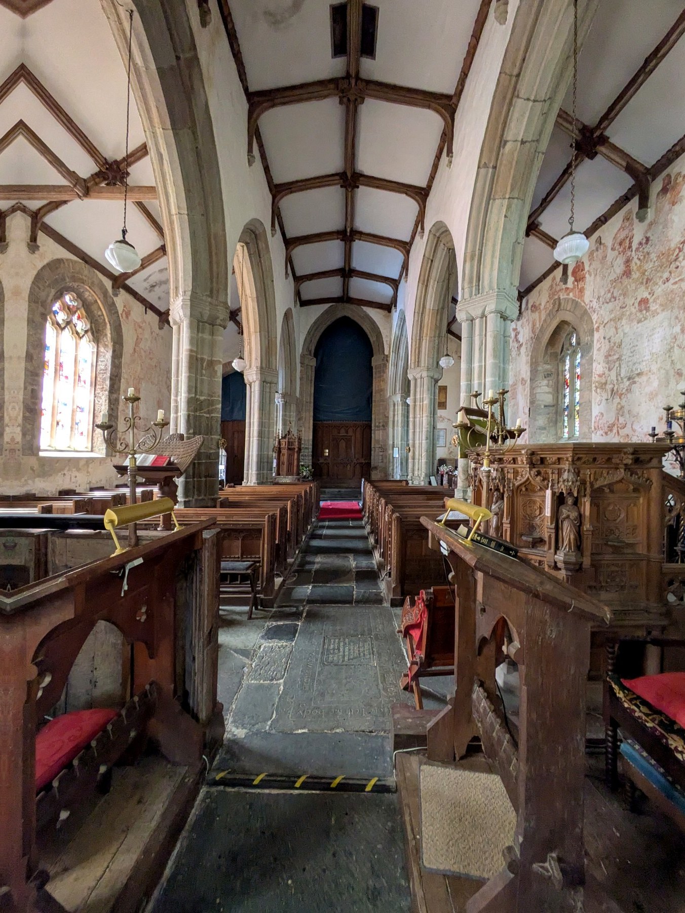 The interior of St Mary’s, Bratton Clovelly, looking east towards the chancel.