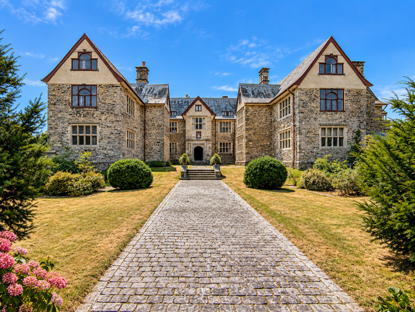 Lewtrenchard Manor, with its stone façade and steep gables.