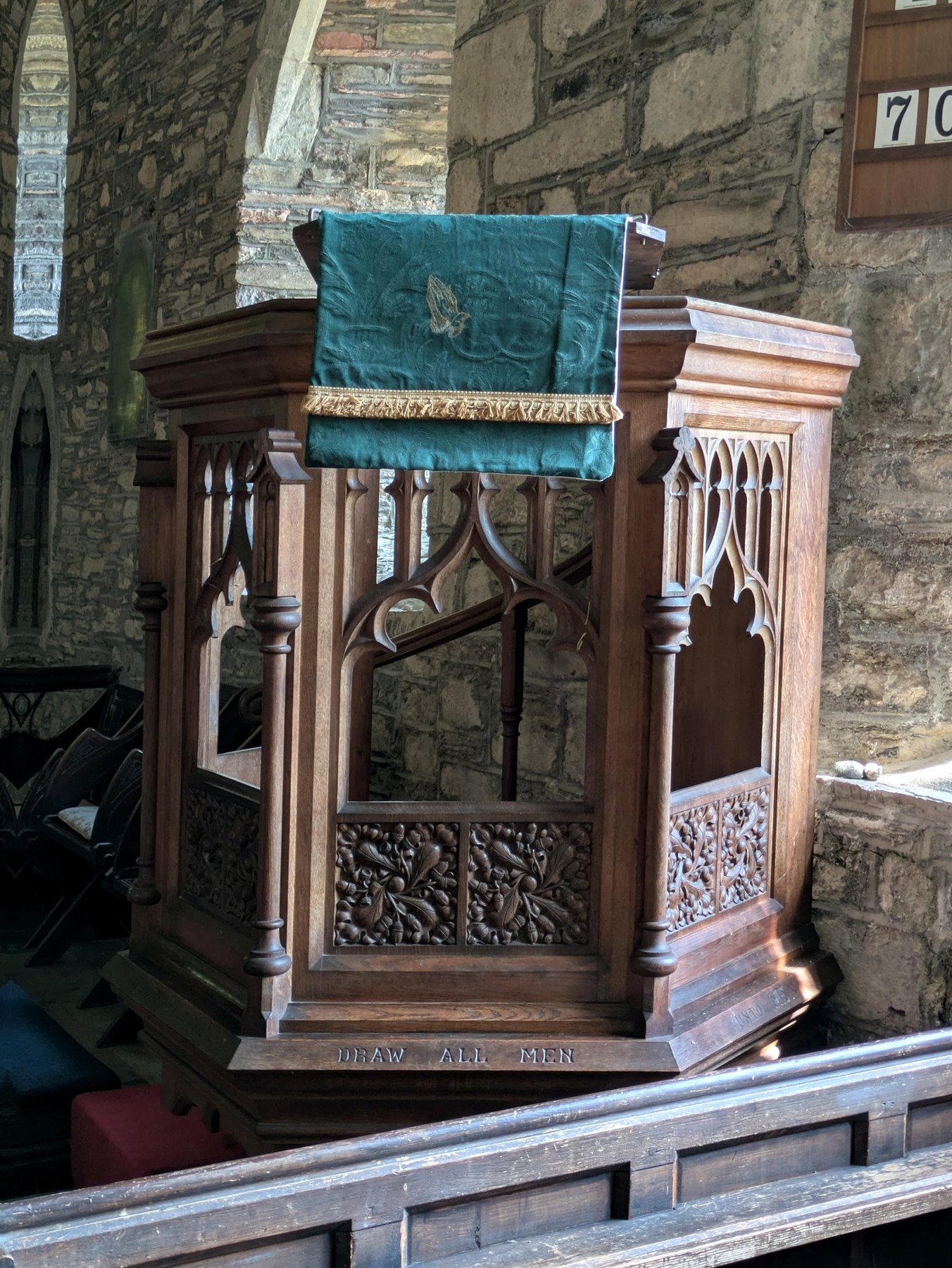 Carved wooden pulpit in St Mary’s, Marystowe.