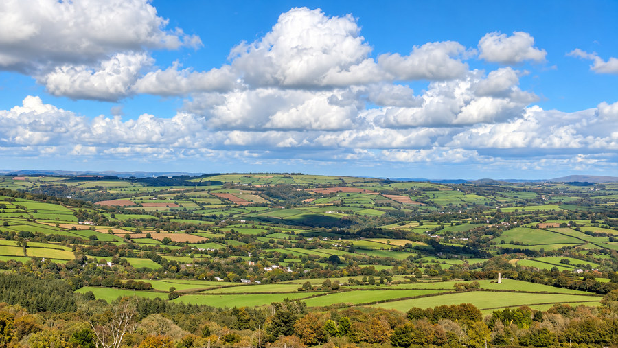 Fields, hedges and distant ridges seen from Kit Hill