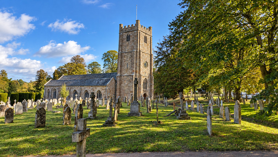 St Michael the Archangel church tower and graveyard at Chagford