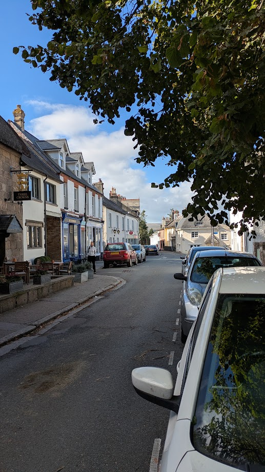 Historic granite and rendered buildings along Chagford High Street