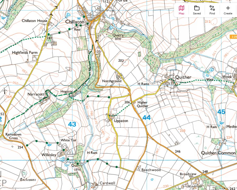 Map showing Chillaton, Narracott, Hogstor and White Tor