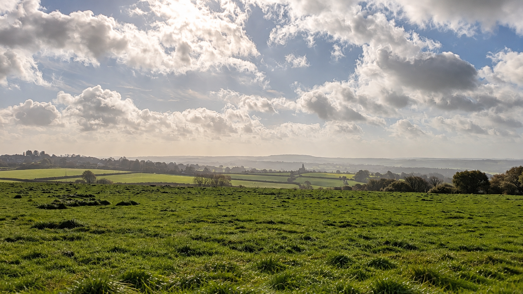 A distant view towards St Cleer, across the patchwork of fields.