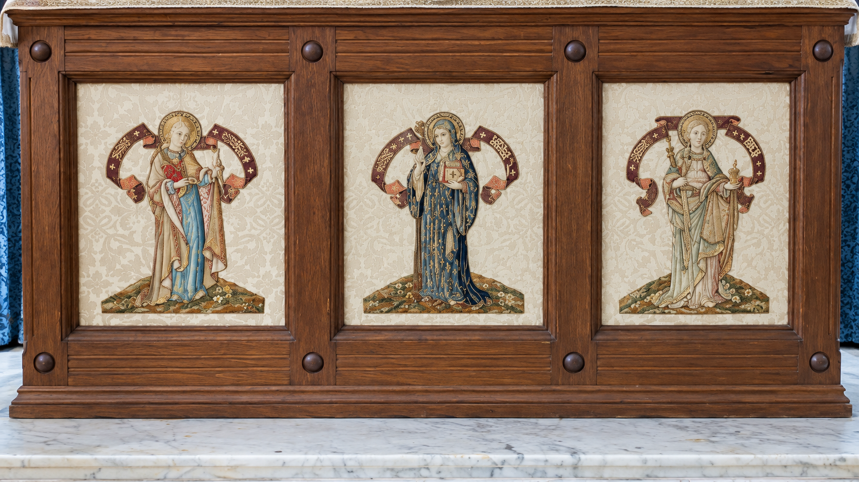 The distinctive three-panel altar frontal in St Cleer church.