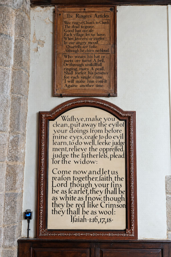 The Ringers’ Articles above a painted passage from Isaiah 1:16–18.