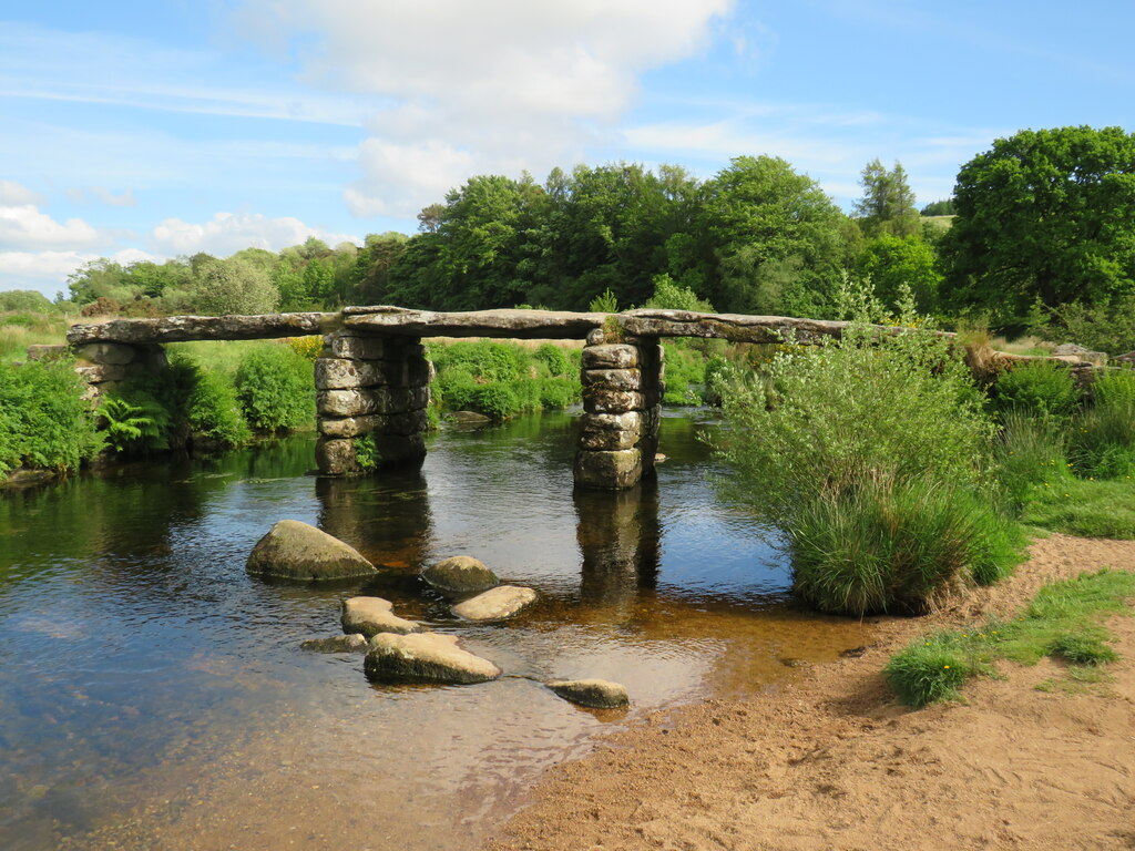 Postbridge clapper bridge across the East Dart