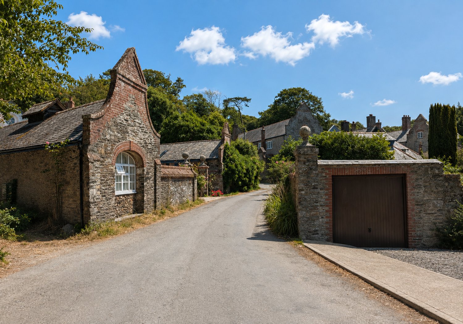 Stone buildings and distinctive gables in the former estate settlement.