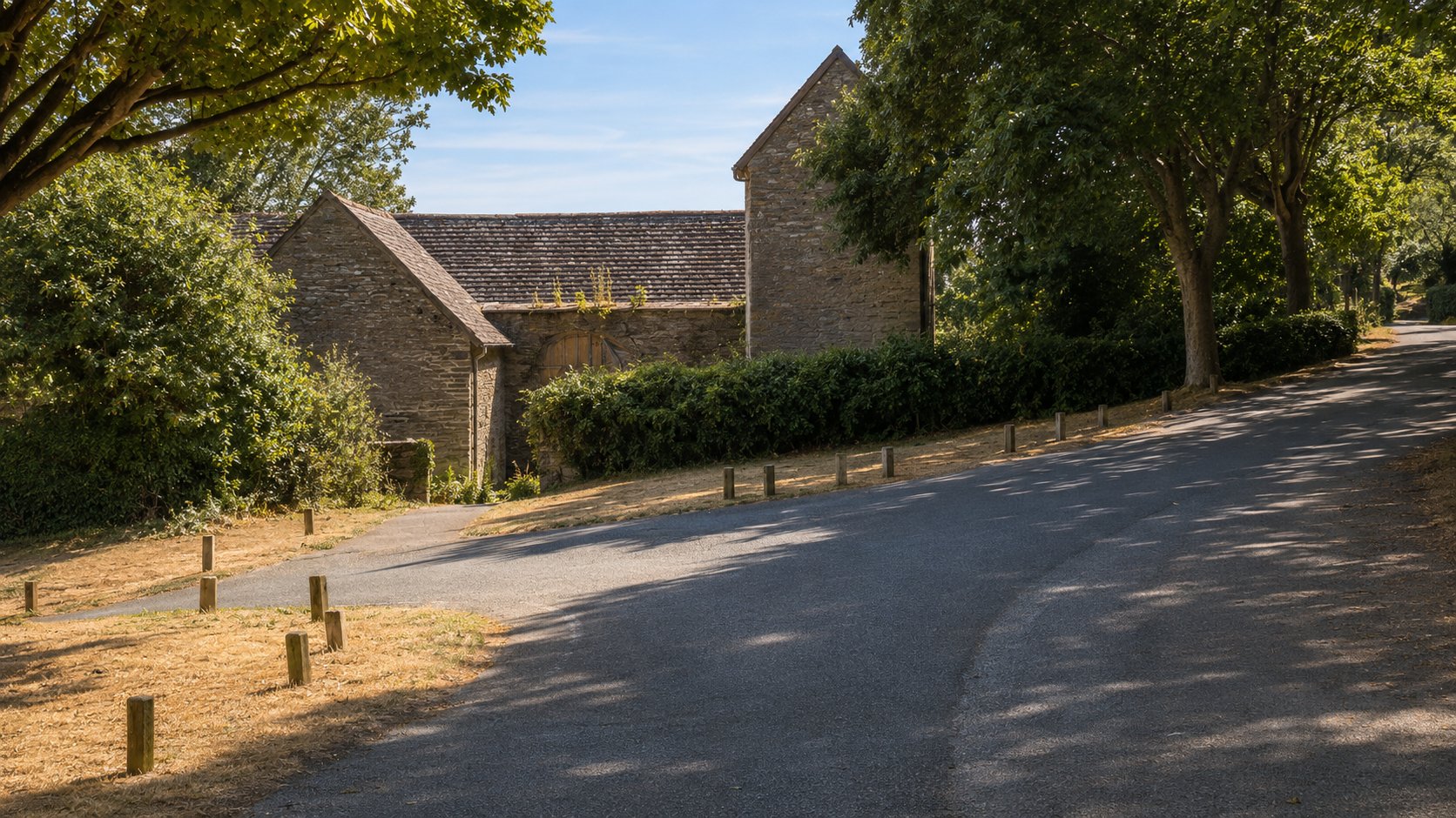 Old estate buildings beside the road
