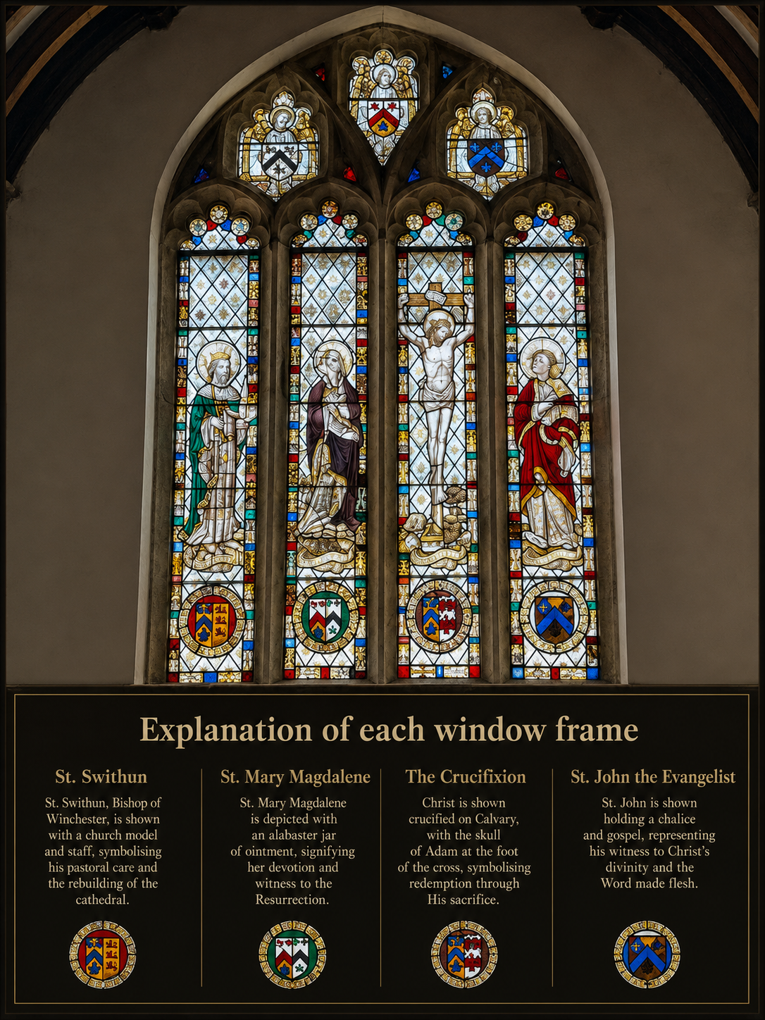Stained glass showing St Swithun, Mary Magdalene, the Crucifixion and St John.